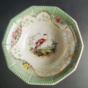 Vintage Mint Green Lustreware Bowl Pheasant Transferware Beaded Edge Gold Accent